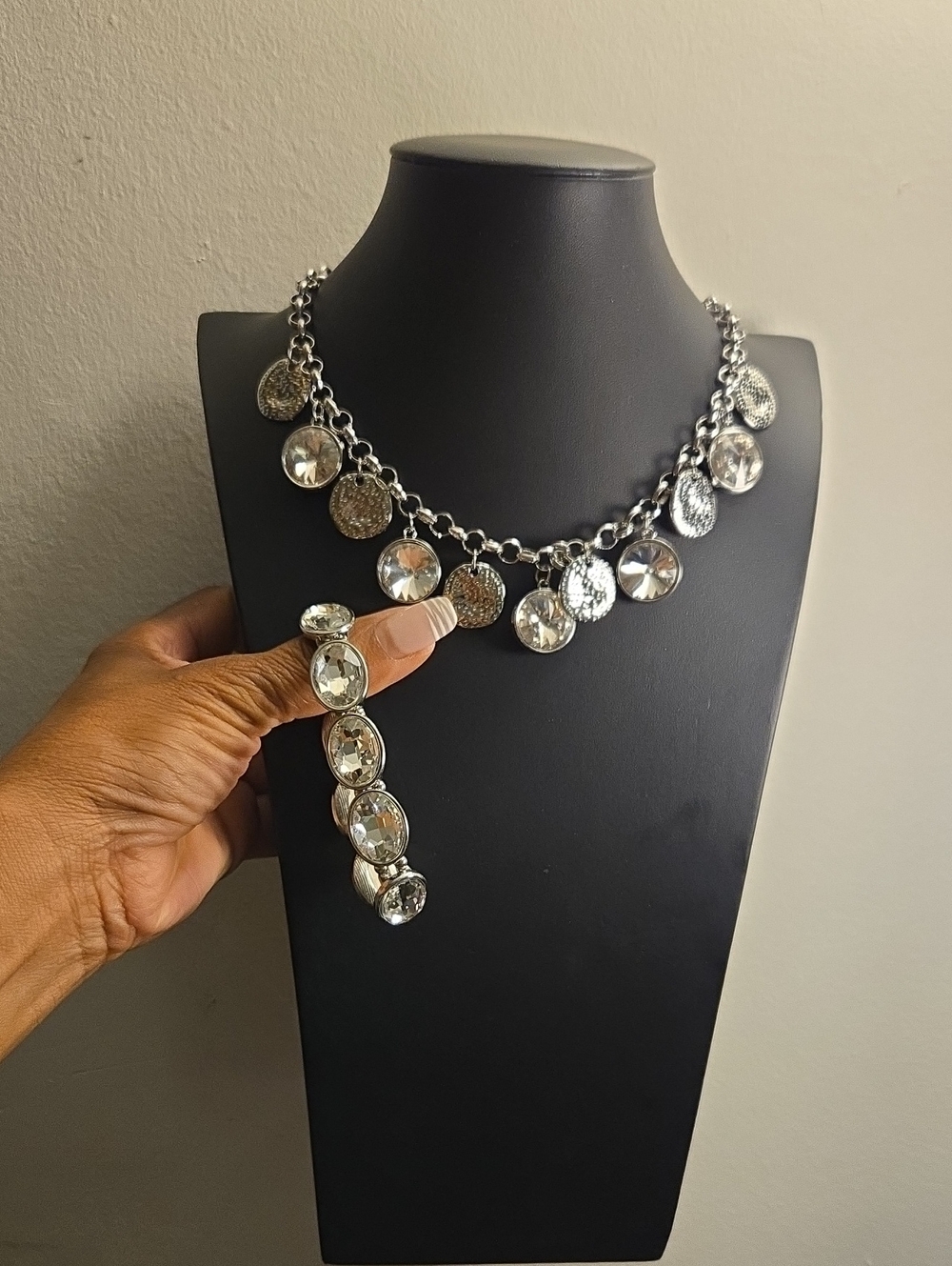 Silver Tone Crystal Drop Necklace with Matching Bracelet